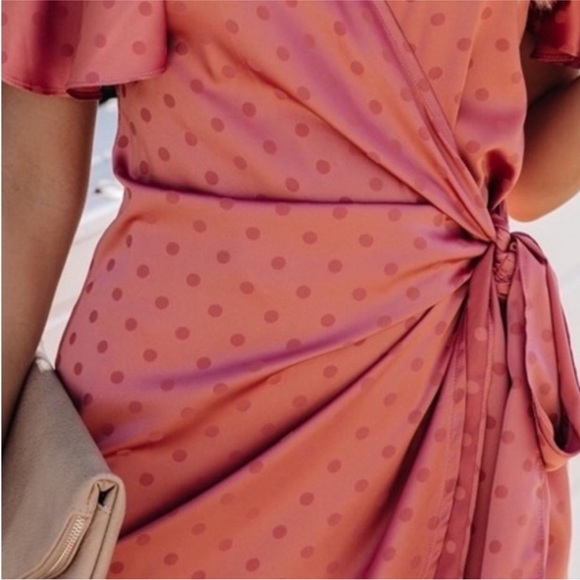 Vici Pink Satin Polka Dot Wrap Dress - Picture 3 of 4